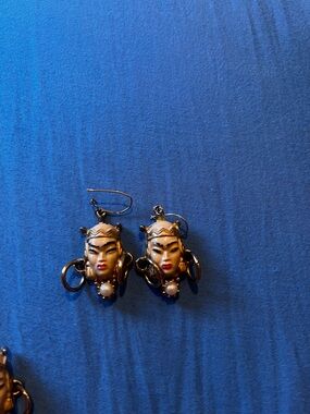 Hand-Painted Asian-Inspired Face Drop Earrings and pin in Gold and Cream